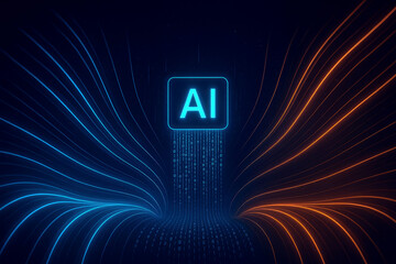 AI symbol with blue and orange digital streams converging and binary code artificial intelligence technology