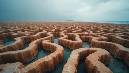 Obraz premium Extensive labyrinth of dry coral reefs stretches infinitely under pale, overcast sky. Wavy patterns with shallow water channels cover flat coastal land. Ocean waves gently reach distant shore. Unique