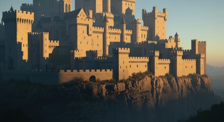 Medieval Castle on Rocky Clifftop Bathed in Warm Sunset Light
