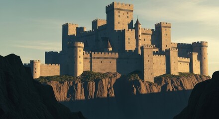 Medieval Castle on Cliffs Under Soft Sunset Light in Dramatic Landscape