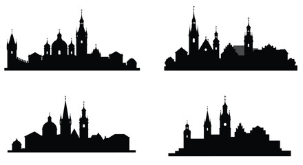 Naklejka premium Four striking black silhouettes of european city skylines and architecture