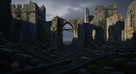 Ancient Ruins with Stone Archway and Overcast Sky