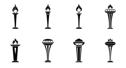 Collection of black silhouette icons depicting various styles of torches