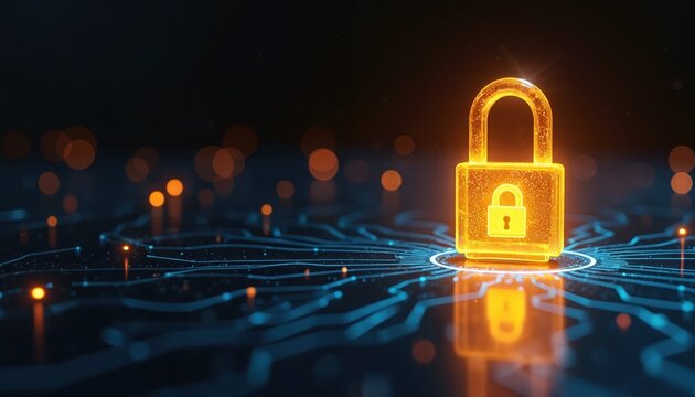 Glowing yellow lock on dark blue circuit board background. Shiny padlock security, protection in digital environment. Illuminated lock represents safety, privacy in cyberspace. Cyber security concept