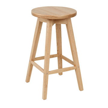 Minimalist light wooden stool with round seat, isolated against a transparent background,