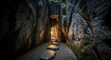 Natural Cave Passage with Stepping Stones and Warm Light at End
