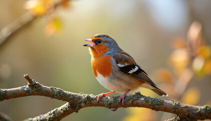 Fototapeta premium Orange bird sits on a branch. Songbird finch sings with open beak. Wildlife animal at park in spring. Colorful birdwatching photo of nature. Winged animal observes environment at fall.