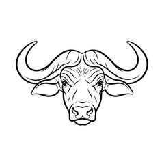 Naklejka premium Black and white line art of an African buffalo head.