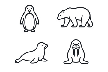 Obraz premium Outline icons of penguin, polar bear, seal, and walrus in simple black and white style