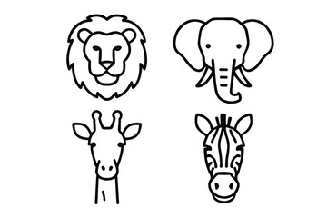 Fototapeta premium Simple black and white animal line art of lion, elephant, giraffe, and zebra
