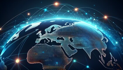 global communication network connecting continents with orbiting satellites