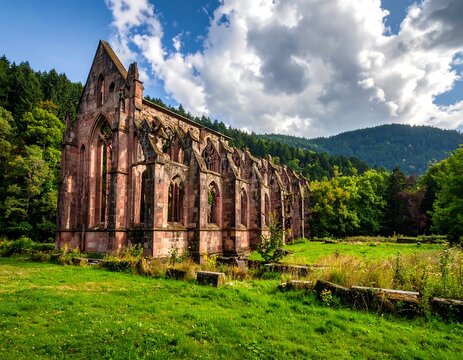 Historic brick ruin with arched windows, green grass, and a mountain backdrop