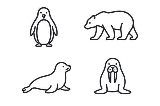 Outline icons of penguin, polar bear, seal, and walrus in simple black and white style