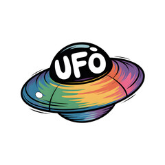 A vibrant multicolored UFO soaring through space with a playful cartoonish style with bold black