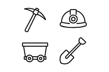 Mining tools icon set: pickaxe, hard hat, minecart, shovel illustrations