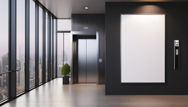vertical blank poster mockup on dark wall next to closed elevator doors in modern office or hotel hallway interior with city view window 3d rendering