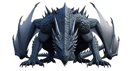 Powerful blue dragon with wings spread isolated on white background