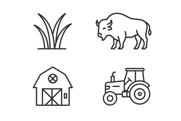 Minimalist farm icons: grass, bison, barn, tractor line art