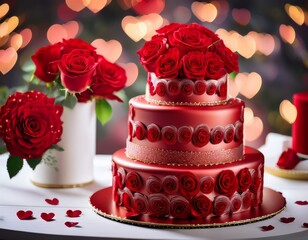 elegant two tier cake adorned with vibrant red roses and heart decorations perfect for celebrations