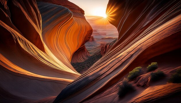 ethereal light illuminates dramatic textured natural rock formations with flowing lines