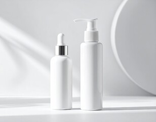 Minimalist white cosmetic bottles with dropper and pump dispenser on white background.