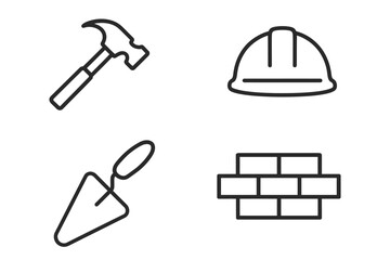 Construction tools and equipment icons: hammer, hard hat, trowel, brick wall