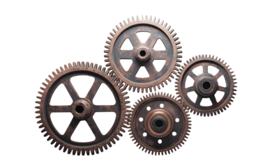 Interlocking gears on transparent background illustrating mechanics and technological processes