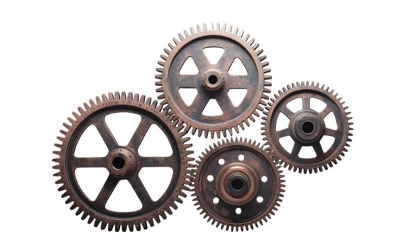 Interlocking gears on transparent background illustrating mechanics and technological processes