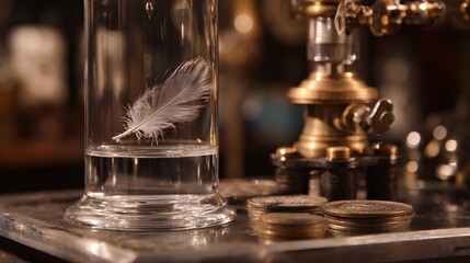 Still life photography of feather in water glass with brass machine and coins for sale online art print