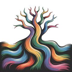 A whimsical tree of vibrant colors standing tall roots flowing free a symbol of nature s creative