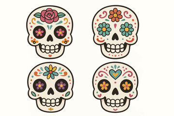 Colorful day of the dead sugar skulls with floral decorations