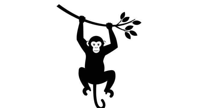 Playful monkey silhouette hanging from a leafy tree branch.