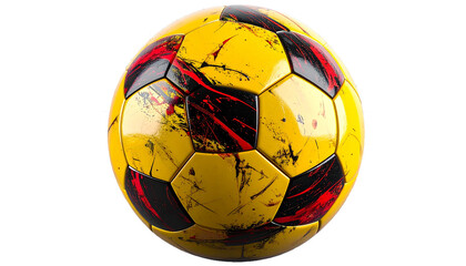 Realistic photograph of a yellow soccer ball with red and black abstract paint splatter pattern, isolated on transparent background, professional studio lighting, smooth glossy surface with visible te
