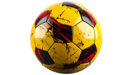 Realistic photograph of a yellow soccer ball with red and black abstract paint splatter pattern, isolated on transparent background, professional studio lighting, smooth glossy surface with visible te