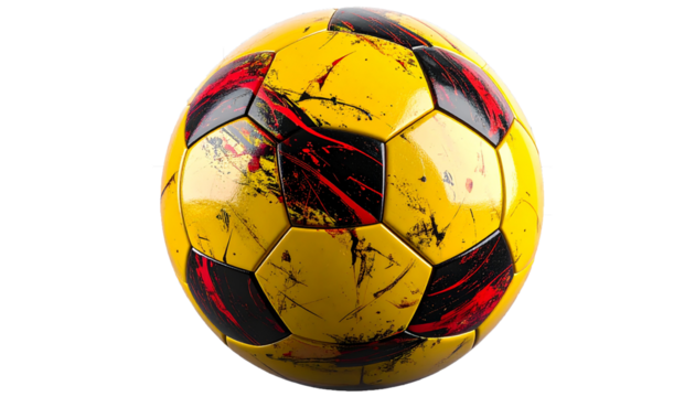 Realistic photograph of a yellow soccer ball with red and black abstract paint splatter pattern, isolated on transparent background, professional studio lighting, smooth glossy surface with visible te