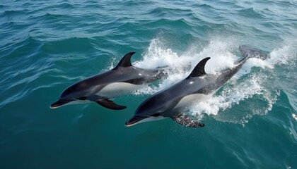 Fototapeta premium Two common dolphins swim fast in blue green ocean. Create splashes as move through clear water. Marine mammals enjoy open sea environment. Wildlife active in natural habitat, showing healthy aquatic