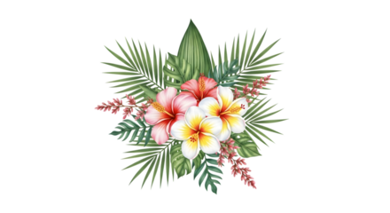 Watercolor bouquet of tropical flowers and leaves isolated on transparent background