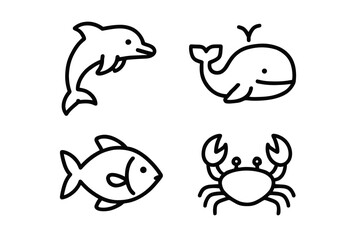 Fototapeta premium Simple black and white sea creatures illustrations featuring dolphin, whale, fish, and crab