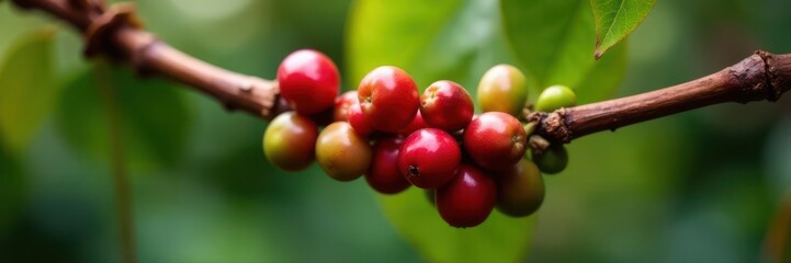 Ripe arabica coffee cherries on branch, Chiang Rai , Ban Pang Khon, coffee tree