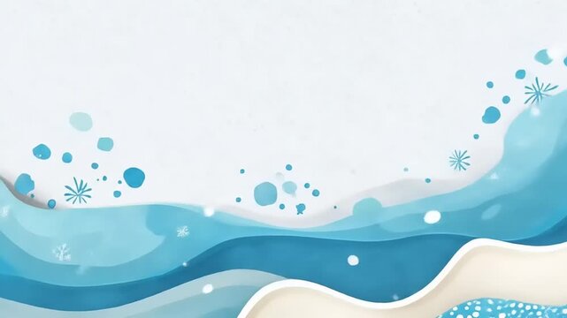 Abstract watercolor with blue waves, dots, and snowflake shapes, on a white background