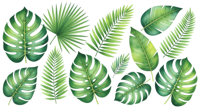 Watercolor tropical leaves isolated on transparent background for summer designs