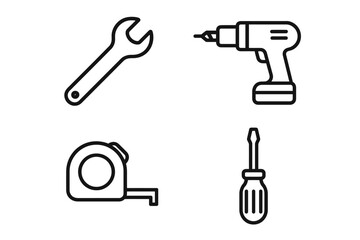 Fototapeta premium Outline icons of wrench, drill, measuring tape, screwdriver for tools and construction