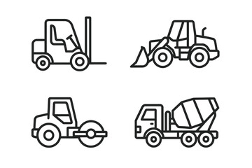 Naklejka premium Outline illustrations of construction vehicles: forklift, bulldozer, roller, cement mixer