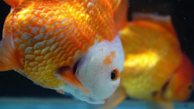 Orange oranda goldfish close up macro. Fish shows headgrowth texture clear scales gentle fin motion