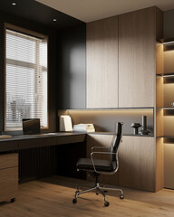 Home office with a clean, organized look featuring wooden shelves and a comfortable desk chair.