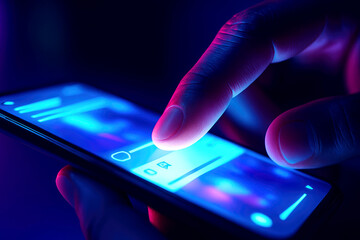 Close-up of a finger interacting with a smartphone displaying app icons and notifications in neon light