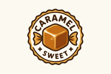 Caramel candy logo emblem with sweet brown cube and vintage border design