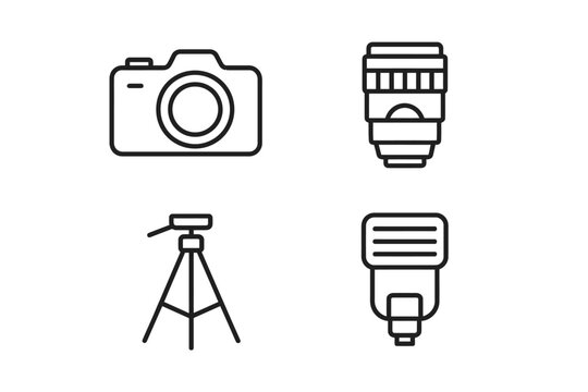 Minimalist camera gear icons: camera, lens, tripod, flash
