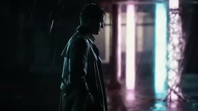 Cinematic shot of a pensive man in a trench coat standing alone in heavy rain at night