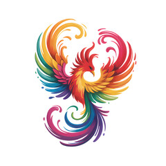 A vibrant phoenix rising in a splash of rainbow colors symbolizing rebirth with clean digital